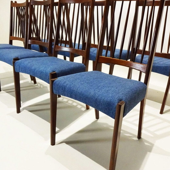 Image 1 of Set van 8 Deense mid century teakhouten en stoffen eetkamerstoelen van Arne Hovmand Olsen voor Mogens Kold