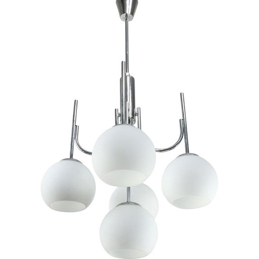 Vintage kroonluchter in chroom en opalineglas, Italië 1970