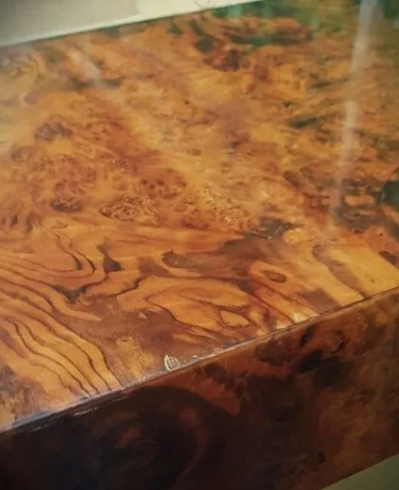 Image 1 of Willy Rizzo Burl Hout en Messing Vierkante Bar Salontafel Alveo.