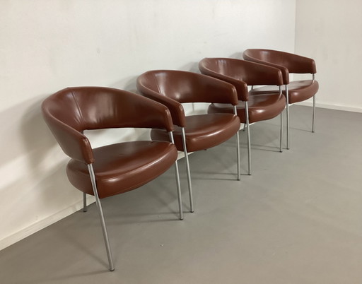 4 Lederen Driepoot Modern Design Stoelen Cognac Leer