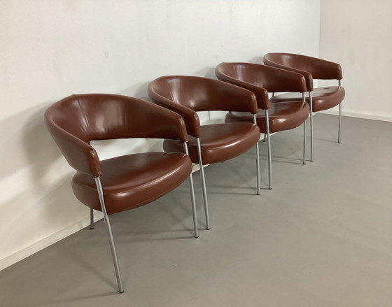 Image 1 of 4 Lederen Driepoot Modern Design Stoelen Cognac Leer