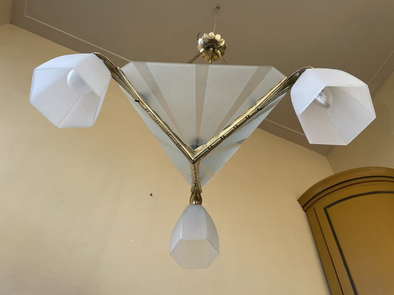 Image 1 of Plafondlamp Met 3 Armen Verchroomd Messing Art Deco Jaren 30 Frans