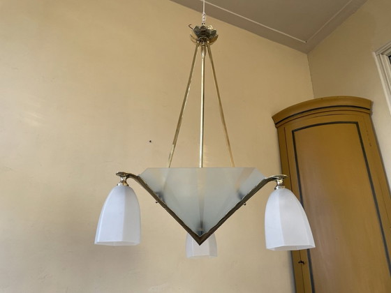 Image 1 of Plafondlamp Met 3 Armen Verchroomd Messing Art Deco Jaren 30 Frans