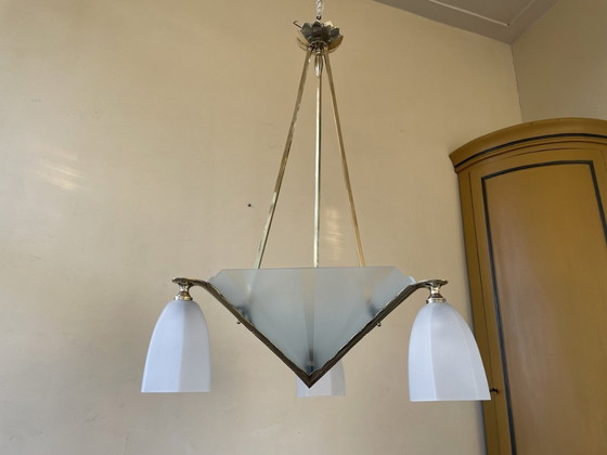 Image 1 of Plafondlamp Met 3 Armen Verchroomd Messing Art Deco Jaren 30 Frans