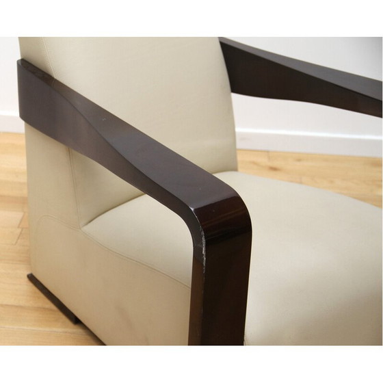 Image 1 of Vintage Ying fauteuil in hout en leer van Hugues Chevalier