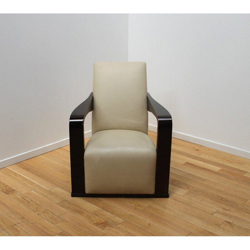 Vintage Ying fauteuil in hout en leer van Hugues Chevalier