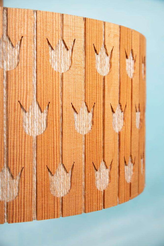 Image 1 of Vintage houten hanglamp Tulips, Pine sixties pendant Sweden