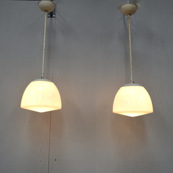 Image 1 of 2 x Gispen opaline glass pendant lamps