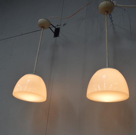 Image 1 of 2 x Gispen opaline glass pendant lamps