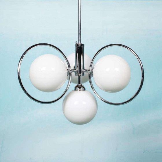 Image 1 of Space age hanglamp melkglas en chroom, bauhaus 70s pendant