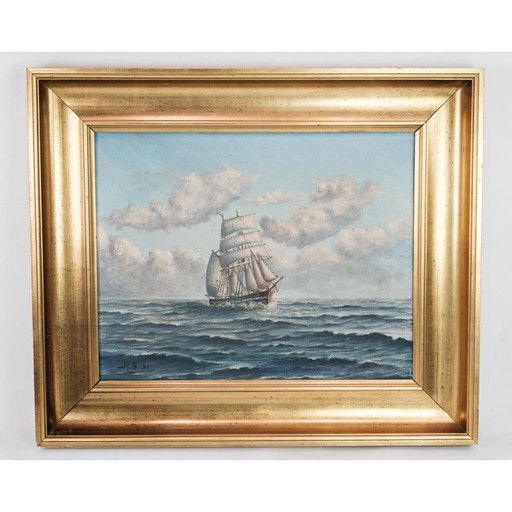 Vintage marineschilderij met gouden lijst, 1920
