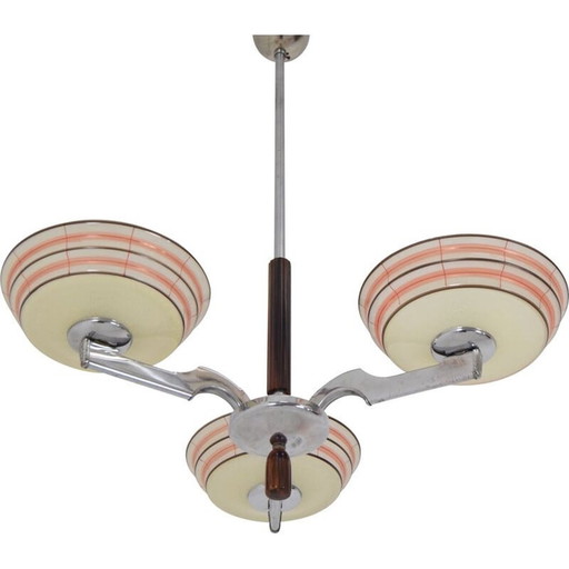 Vintage kroonluchter van glas en chroom, Tsjechië 1950