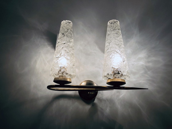 Image 1 of Vintage dubbele wandlamp - Messing, staal & glas - 1950