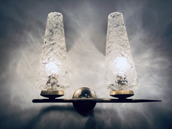Image 1 of Vintage dubbele wandlamp - Messing, staal & glas - 1950