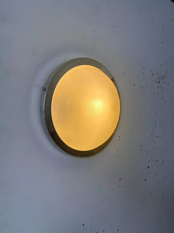 Image 1 of Vintage Modernistische Perzel Wandlamp, Chroom en Holofaan glas, Frankrijk 1930