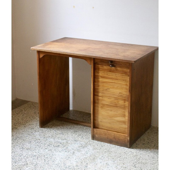 Image 1 of Vintage eikenhouten bureau met schuifgordijn, 1950