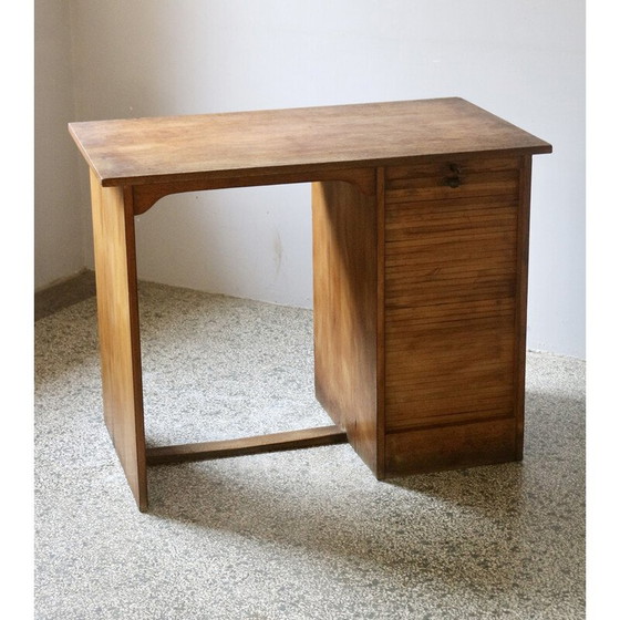 Image 1 of Vintage eikenhouten bureau met schuifgordijn, 1950