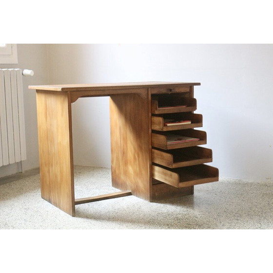 Image 1 of Vintage eikenhouten bureau met schuifgordijn, 1950