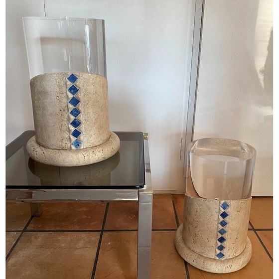 Image 1 of Paar vintage zuilen in travertijn en plexiglas