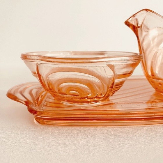 Image 1 of Art deco roze glas Melk en suiker stel met serveerblad