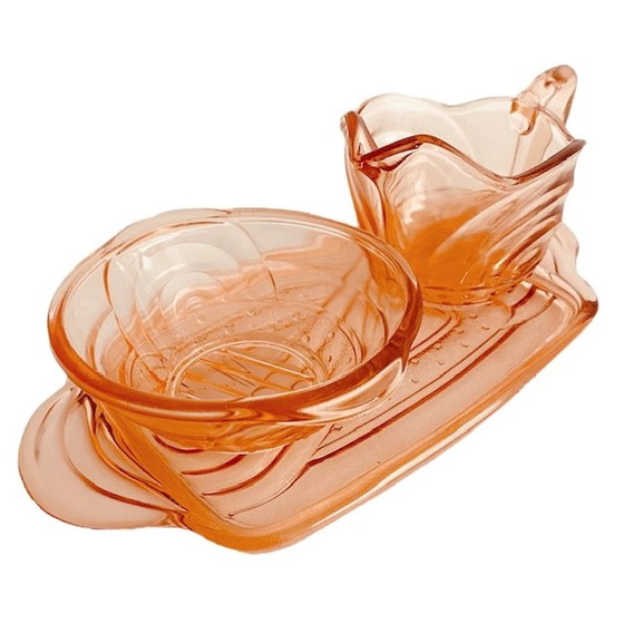 Image 1 of Art deco roze glas Melk en suiker stel met serveerblad