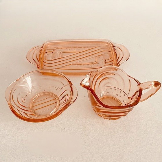 Image 1 of Art deco roze glas Melk en suiker stel met serveerblad