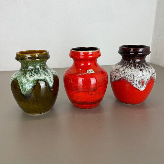 Image 1 of Set van 3 vintage veelkleurige vette lava Op Art vazen door Bay Ceramics, Duitsland 1970