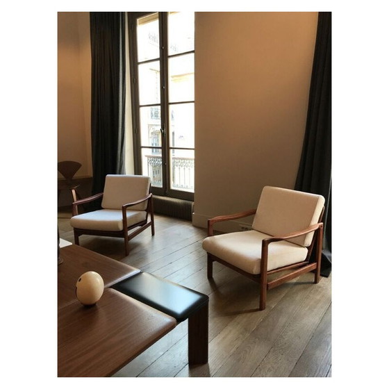 Image 1 of Vintage ivoorkleurig ribfluweel BZ fauteuil, Scandinavisch