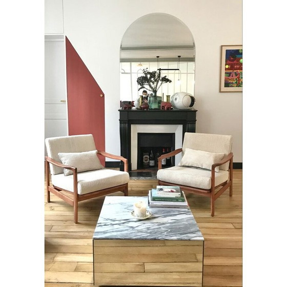 Image 1 of Vintage ivoorkleurig ribfluweel BZ fauteuil, Scandinavisch