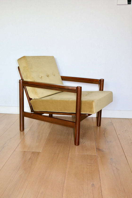 Image 1 of Vintage fauteuil in olijf citroen fluweel, 1970S