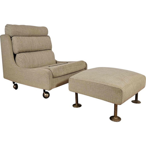 Vintage Steiner fauteuil en voetenbank in groen laken, 1950-1960