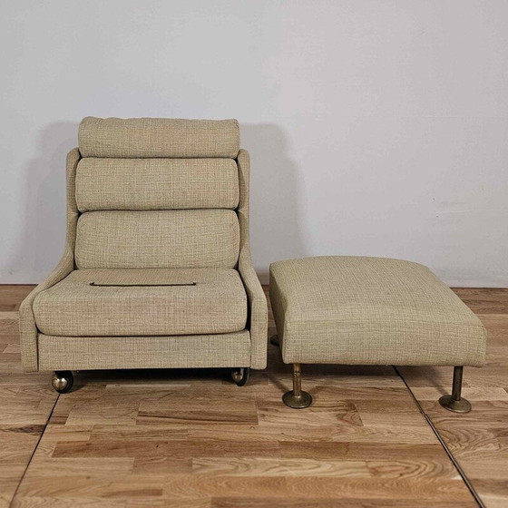 Image 1 of Vintage Steiner fauteuil en voetenbank in groen laken, 1950-1960