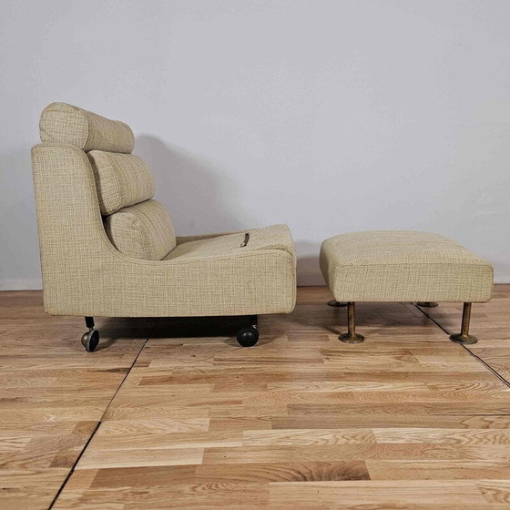 Image 1 of Vintage Steiner fauteuil en voetenbank in groen laken, 1950-1960