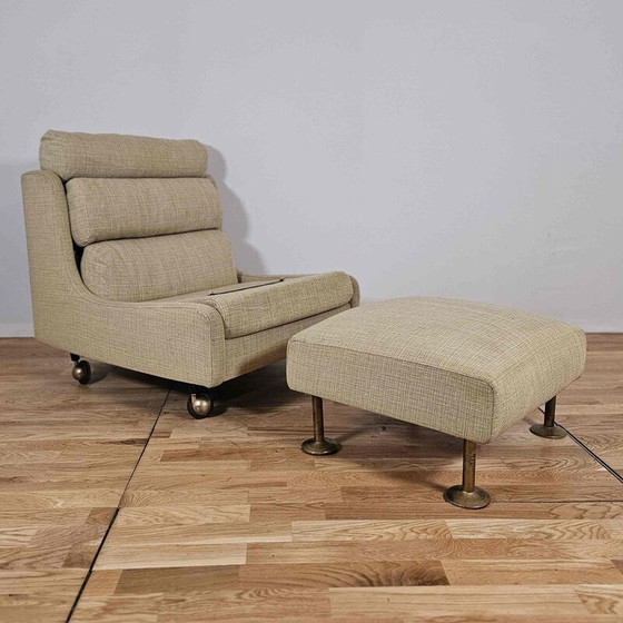 Image 1 of Vintage Steiner fauteuil en voetenbank in groen laken, 1950-1960