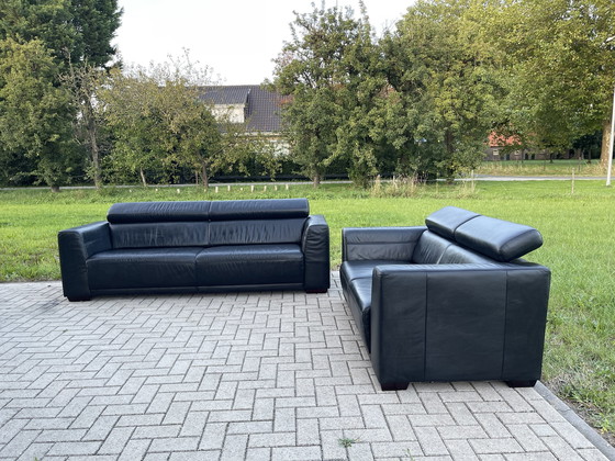 Image 1 of Montel Zwart Echt Leder Sofa 3 + 2,5 Zitplaatsen