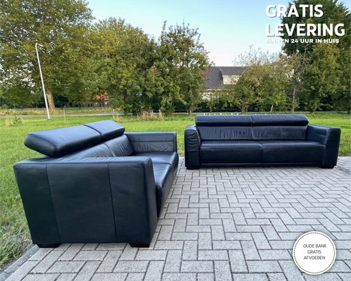 Montel Zwart Echt Leder Sofa 3 + 2,5 Zitplaatsen