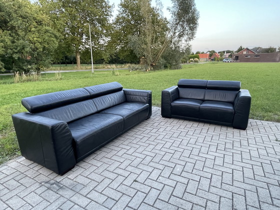 Image 1 of Montel Zwart Echt Leder Sofa 3 + 2,5 Zitplaatsen