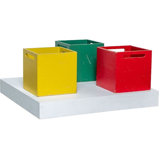 Set van 3 vintage vierkante houten opbergdozen van De Stijl, Nederland