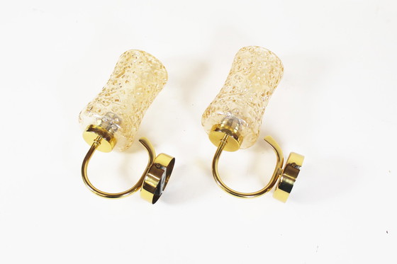 Image 1 of 2X Vintage Messing en Amber Glas Wandlampen