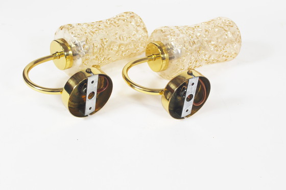 Image 1 of 2X Vintage Messing en Amber Glas Wandlampen