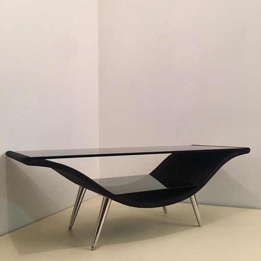 Vintage zwart vilt en glazen salontafel met 2 bladen, 1980