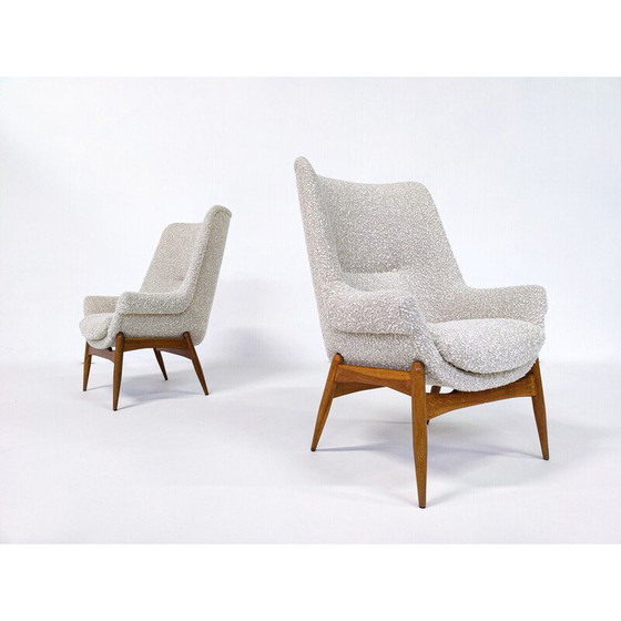 Image 1 of Paar mid-century beige stoffen fauteuils van Julia Gaubek, Hongarije 1950