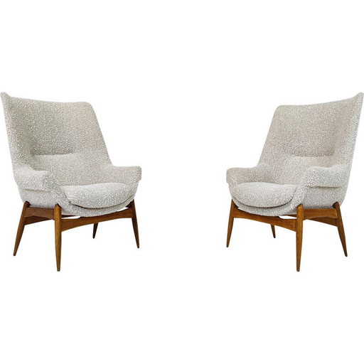 Paar mid-century beige stoffen fauteuils van Julia Gaubek, Hongarije 1950