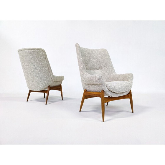 Image 1 of Paar mid-century beige stoffen fauteuils van Julia Gaubek, Hongarije 1950