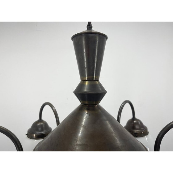 Image 1 of Art Deco kroonluchter van vintage metaal en melkglas, jaren 1930