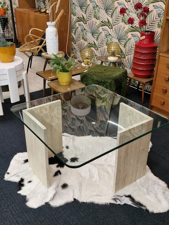 Image 1 of Vintage Salontafel Travertin Glas Jaren 70