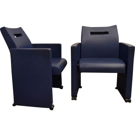 Image 1 of Paar vintage blauw leren fauteuils van Jean Michel Wilmotte, 1970
