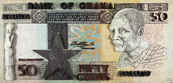 Image 1 of Thomas Tchopzan - 'Bank of Ghana, Fifty Cedi' - Groot reliëf in hardhout en acryl