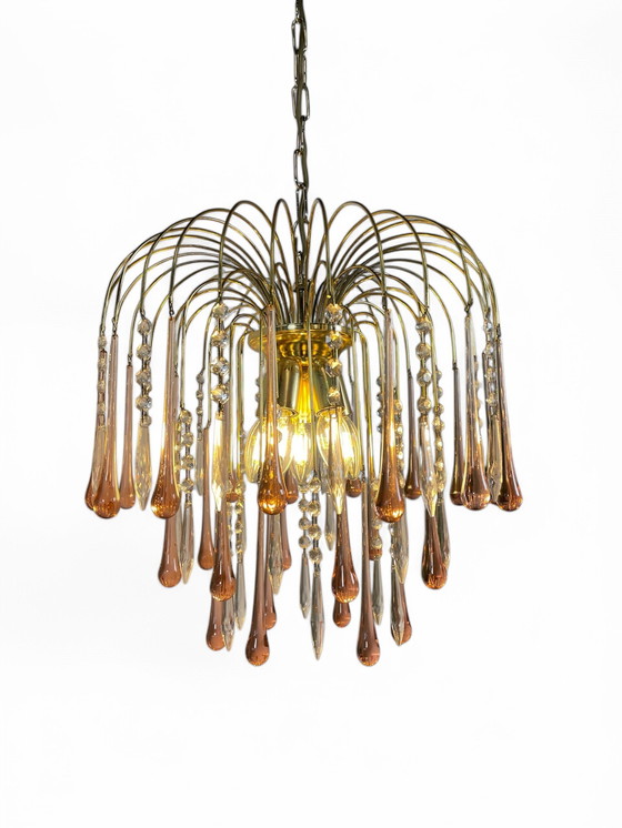 Image 1 of 3-Laags Teardrop Kroonluchter, Roze Muranoglas