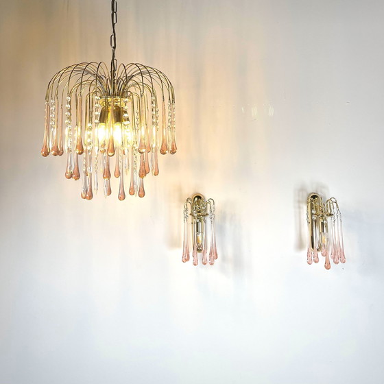 Image 1 of 3-Laags Teardrop Kroonluchter, Roze Muranoglas